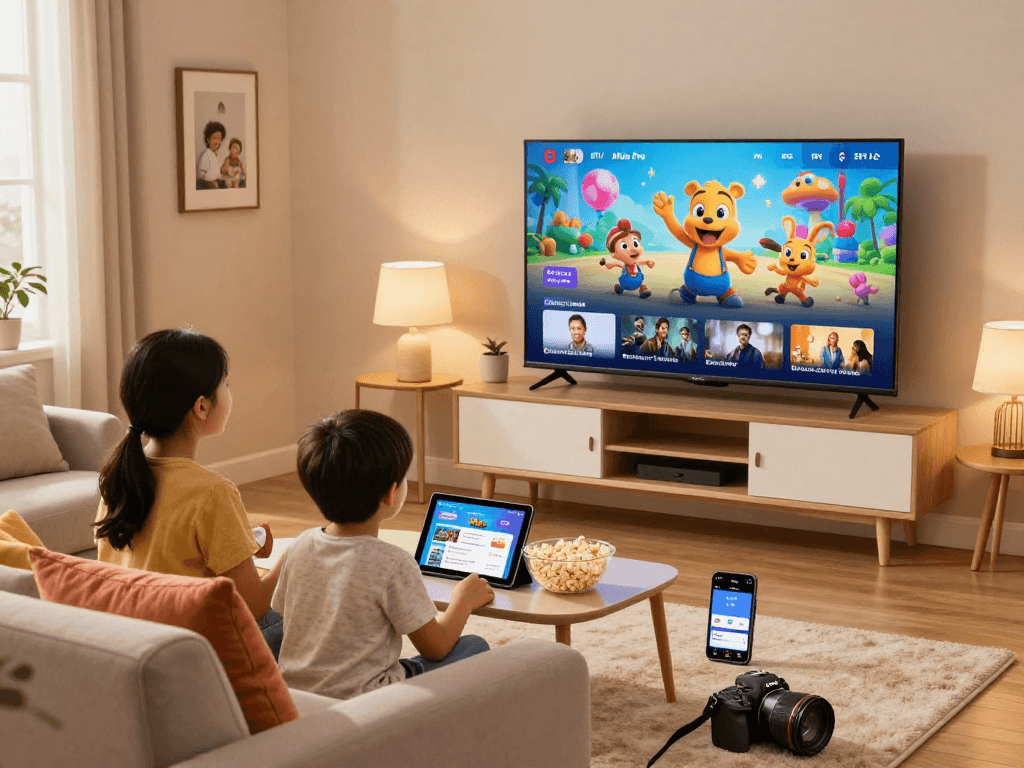 La famille profite d'Atlas Pro IPTV sur un grand téléviseur intelligent, ambiance chaleureuse et confortable.