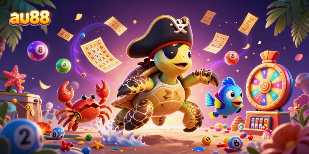 Experience the thrill of au88 with a vibrant 3D illustration featuring a pirate turtle, crab, and parrotfish among dynamic lottery elements.