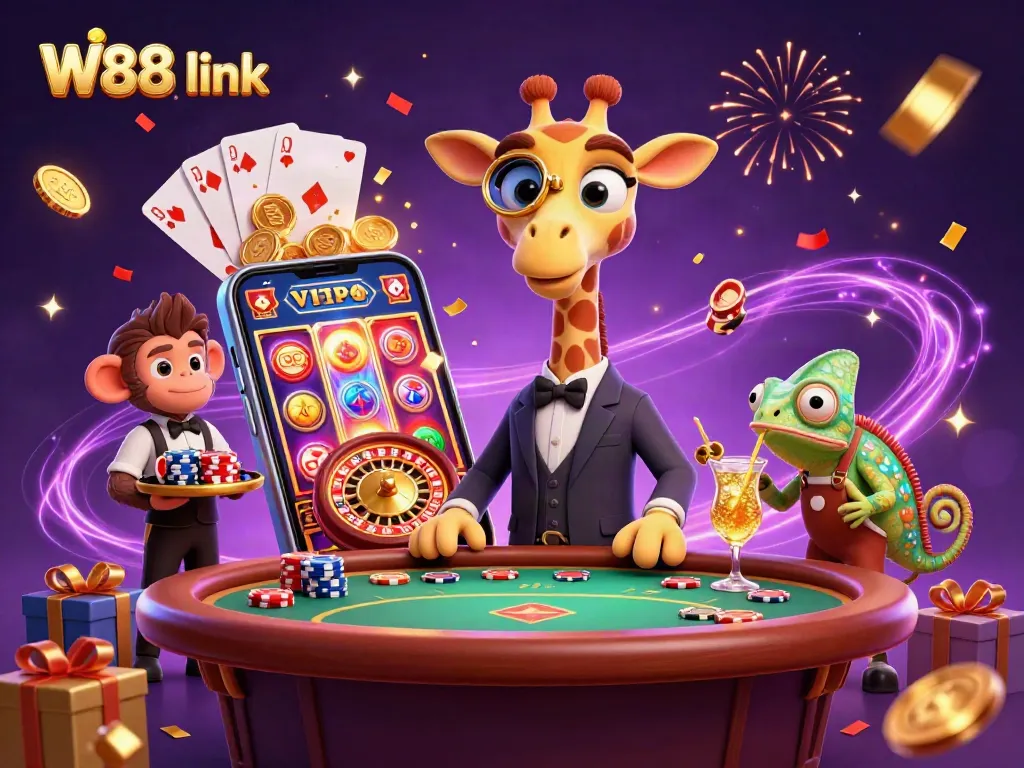Experience the thrill of online gaming with W88 link featuring a high-roller giraffe at a poker table.
