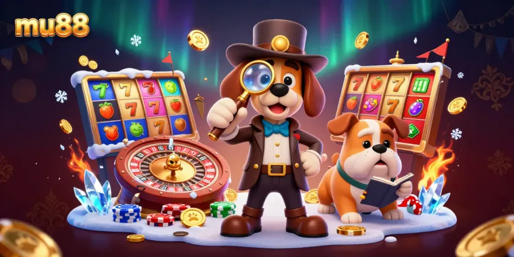 Experience the thrill of mu88 with a detective and his companion exploring golden poker chips amid vibrant casino elements.