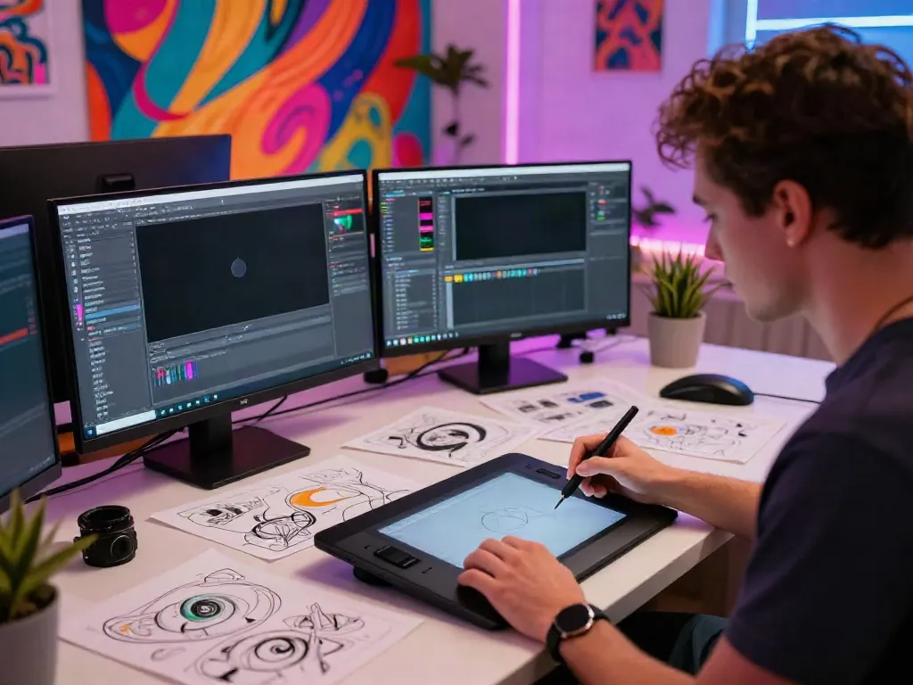 Artist generating ai nsfw digital art in a vibrant workspace with neon lights.