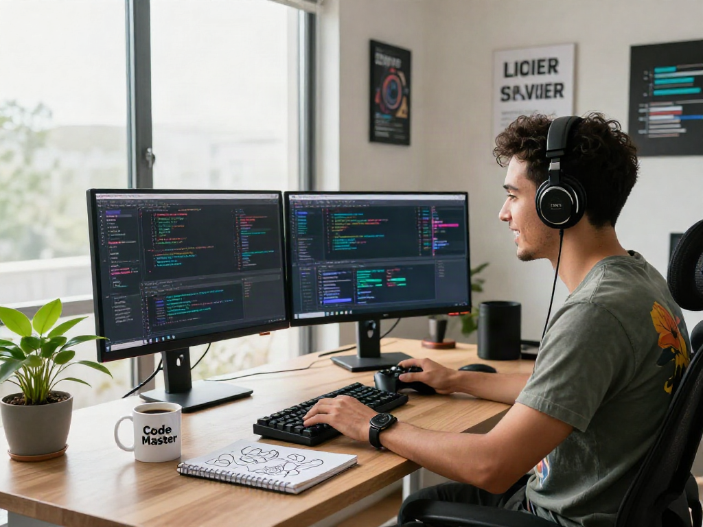 Scène d'un développeur concentré sur le codage avec Atlas pro ontv dans un bureau moderne, entouré d'écrans et d'objets technologiques.