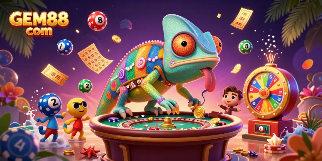 Experience the excitement of GEM88 com with colorful lottery elements in a vibrant casino scene.