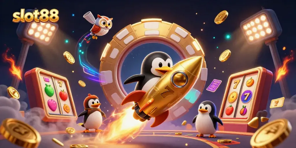 Experience the excitement of slot88 with a dynamic casino-themed 3D illustration featuring a golden penguin and slot symbols.