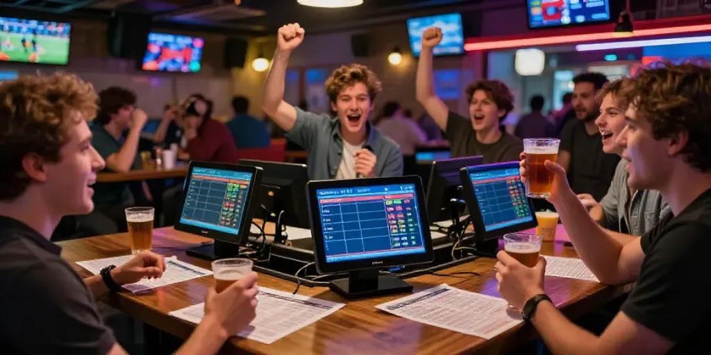 Ambiance dynamique de paris sportif dans un bar animé avec des amis célébrant un match.