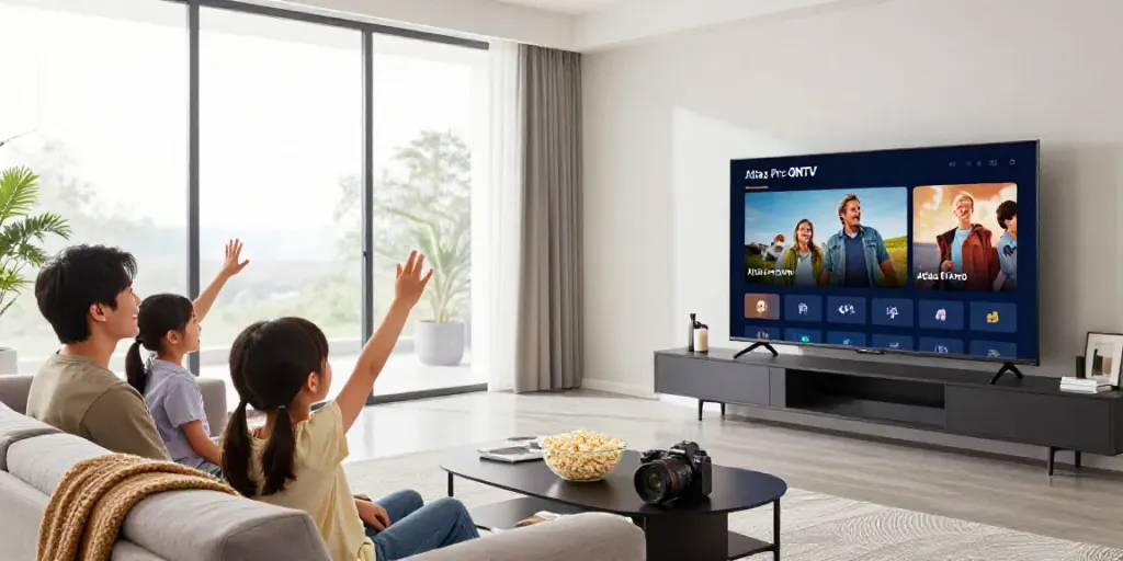 Application Atlas Pro diffusant un film en famille dans un salon moderne.