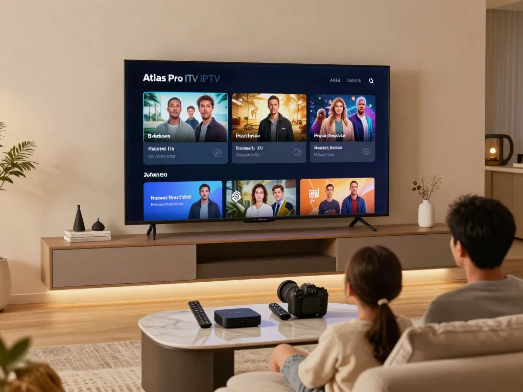 Configuration moderne du salon diffusant l'application atlas pro iptv sur TV.