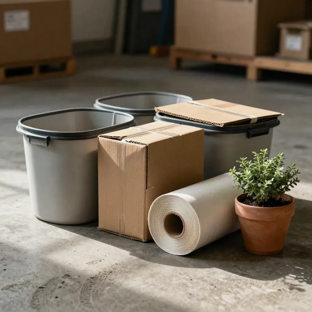 Gros plan d’un coin logistique avec cartons pliés, bacs neutres, papier recyclé et petite plante.