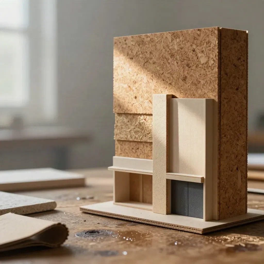 Maquette de façade en liège, matériaux biosourcés et tri discret sur table brute.
