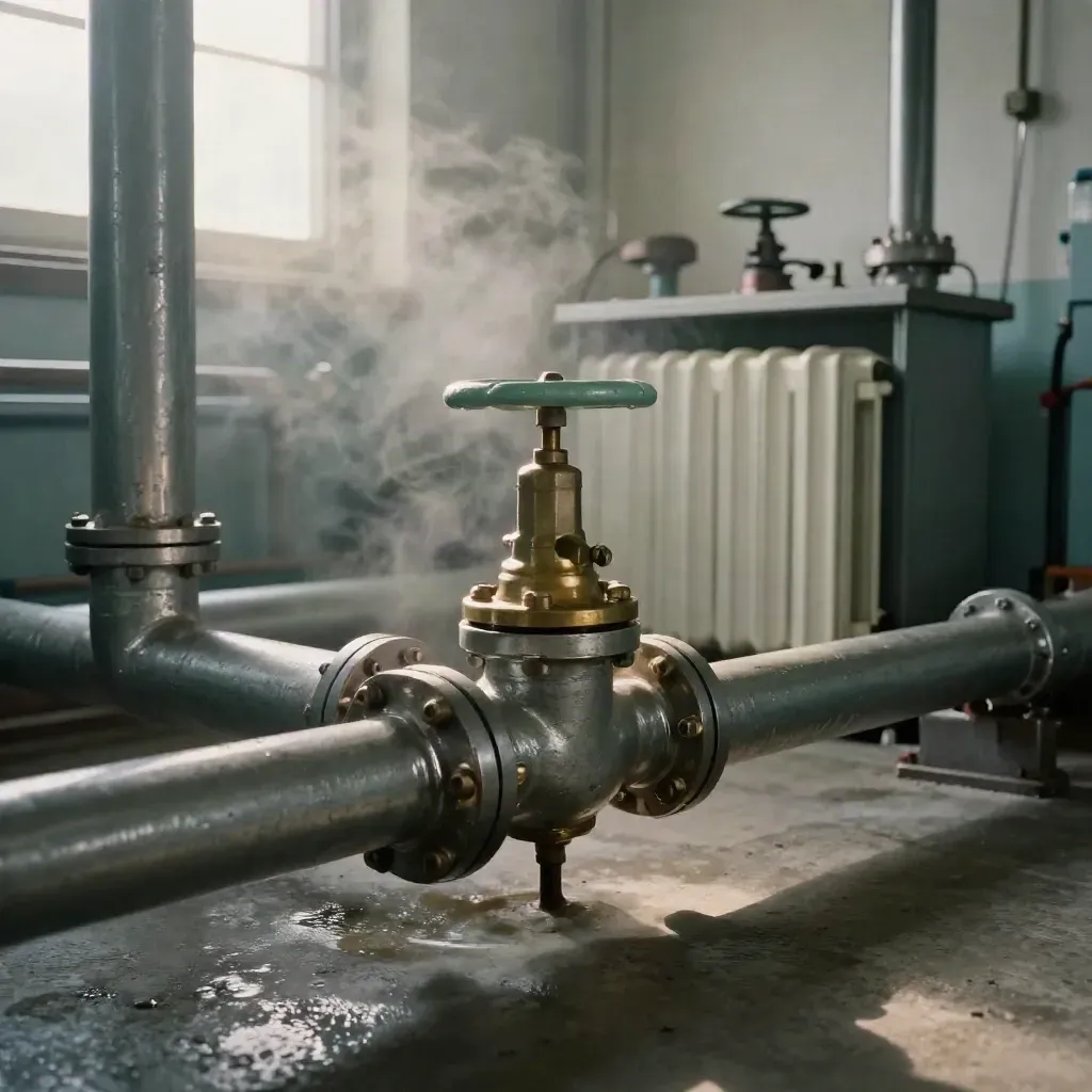 Chaufferie de mairie au matin, tuyaux isolés, vapeur fine et radiateur en fonte.
