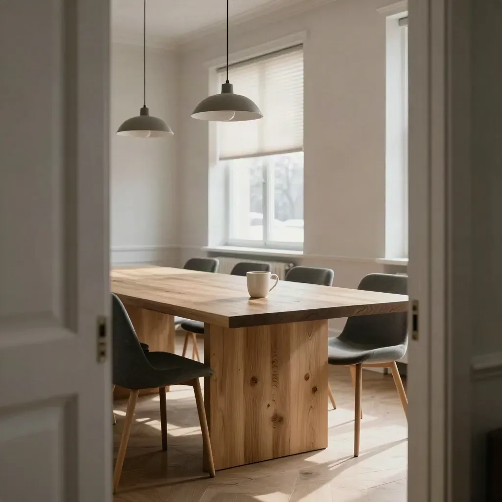 Salle de réunion vide en hiver, table brute, mug en céramique, stores mi-clos, lumière froide.
