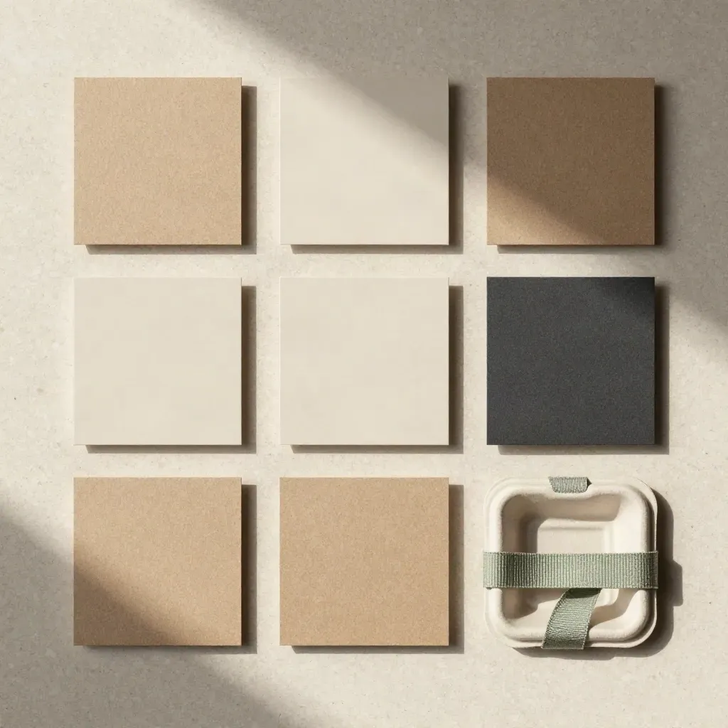 Flat lay de prototypes d’emballages éco-conçus sur travertin clair, mousse compostable et ruban textile.