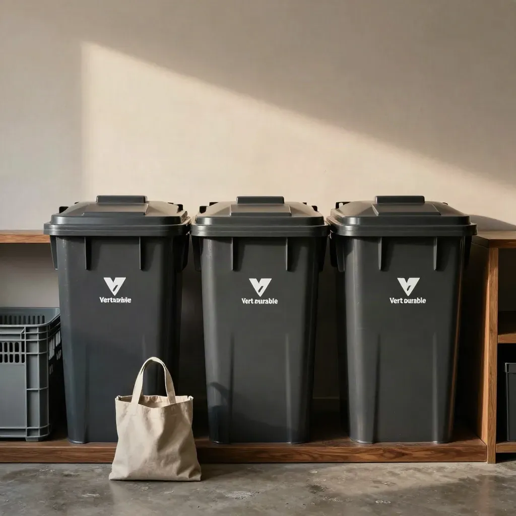 Station de tri en arrière-boutique avec bacs mats, caisse réutilisable et sac textile plié.