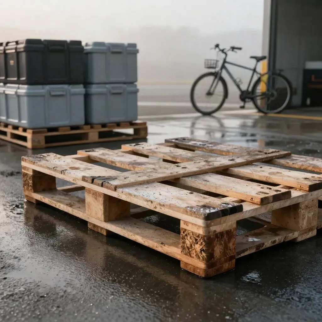 Quai de livraison PME humide avec palettes réutilisées, caisses isolées et vélo utilitaire flou.