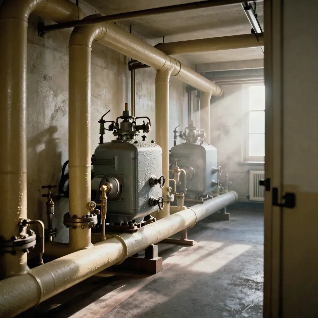 Chaufferie municipale silencieuse avec tuyaux isolés, échangeur et vapeur dans une lumière dramatique.