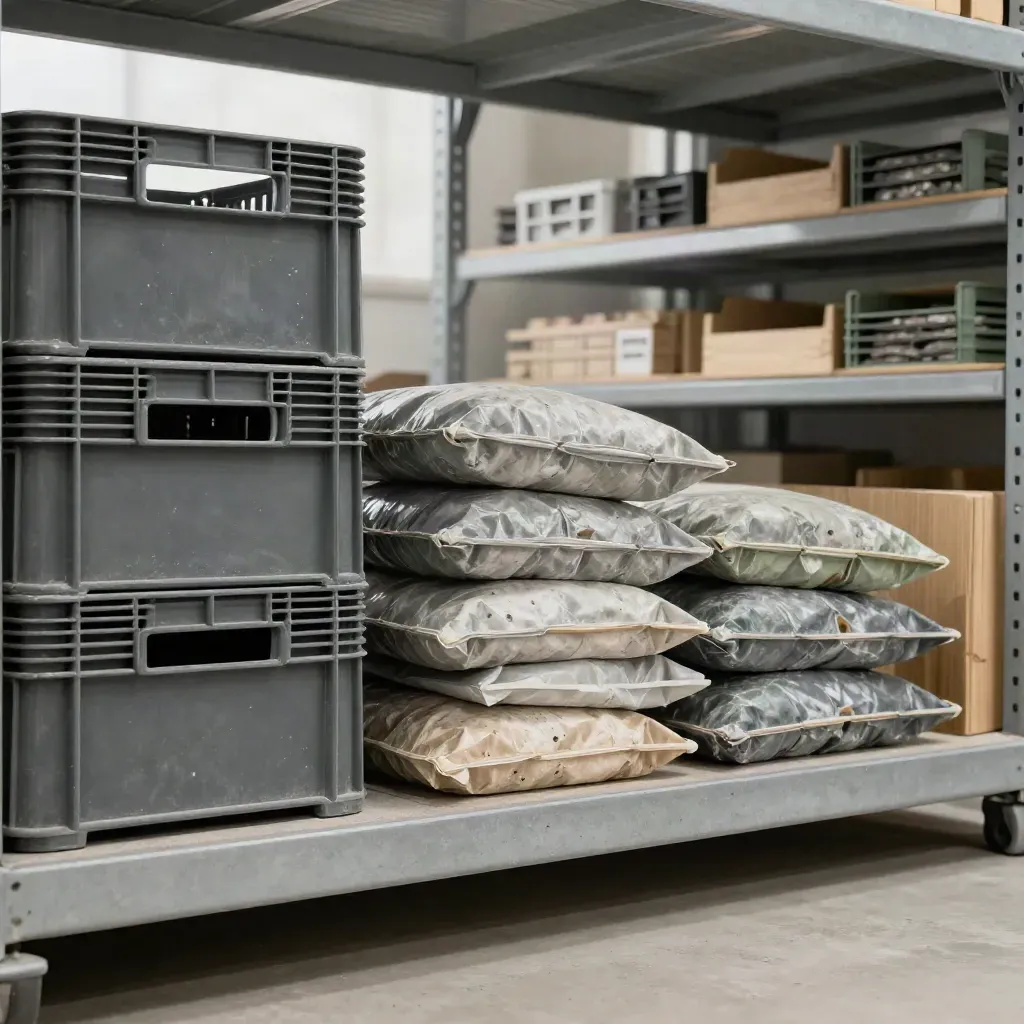Local de stockage avec caisses à moitié pleines et lots séparés pour réduire le gaspillage.