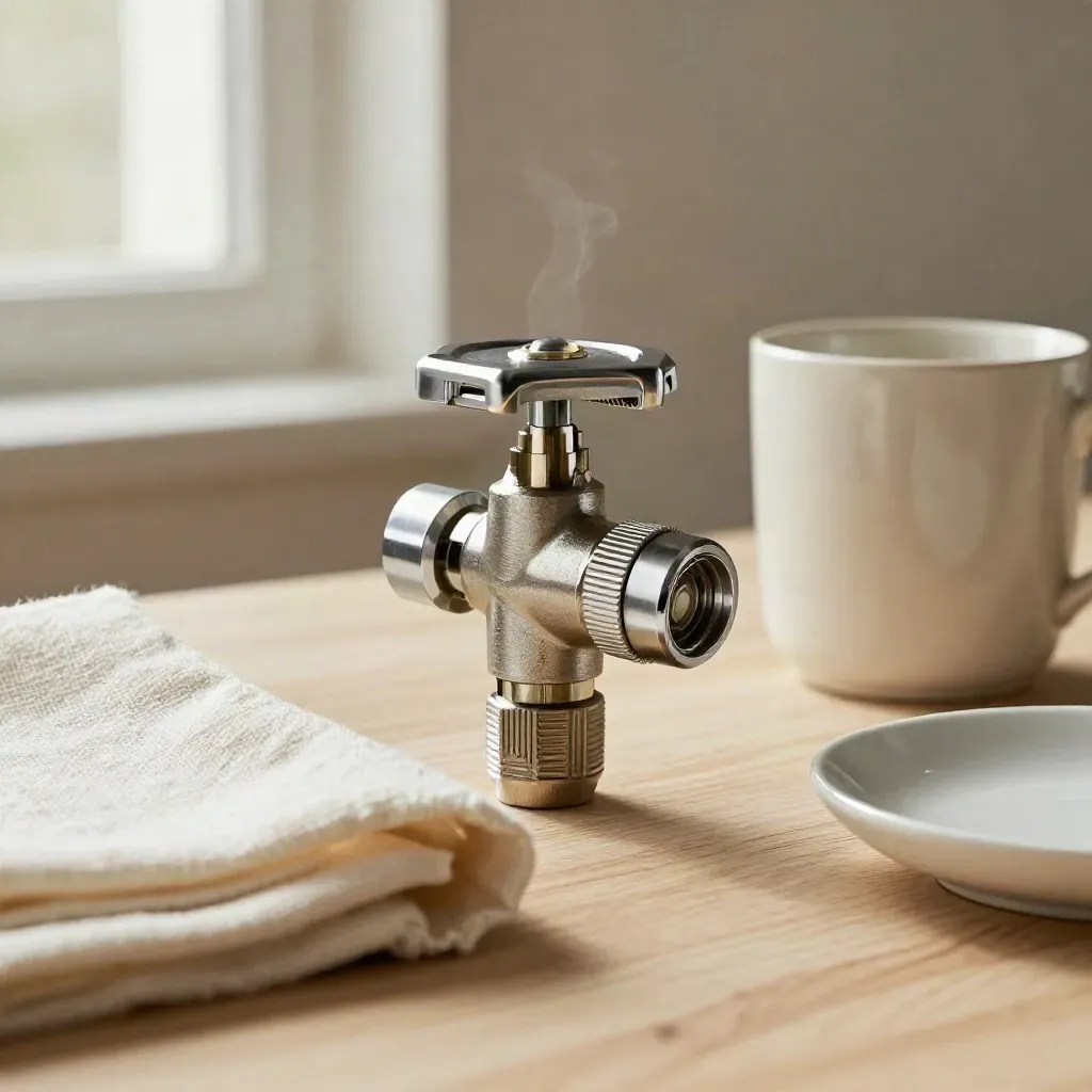 Vanne de radiateur en métal, linge de lin, tasse en grès, vapeur douce sur bois clair.