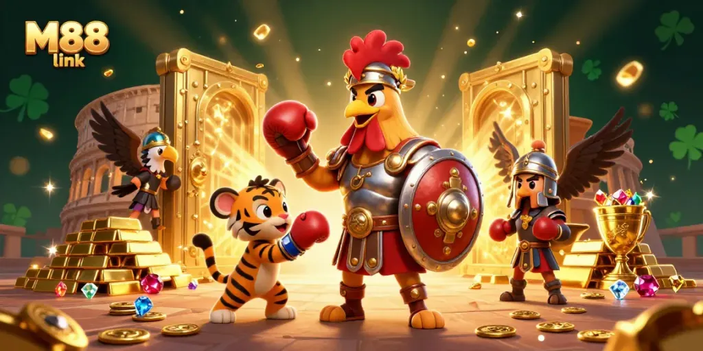 Experience excitement with M88 link in this dynamic 3D casino illustration featuring a rooster warrior.