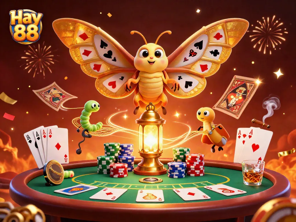 Engage with exciting offers at Hay 88 with a vibrant casino illustration showcasing poker elements and a majestic moth.
