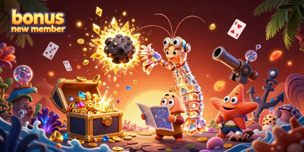 Engage with the bonus new member offer in a vibrant casino-themed illustration featuring galactic characters.