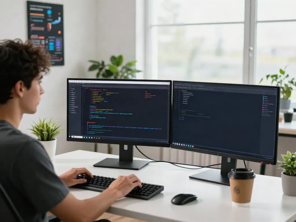 Developer working in a bright tech workspace, focused on an OpenAI-compatible API for multiple models.