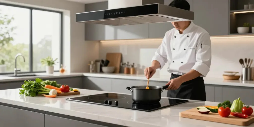 Plaque induction avec hotte intégrée dans une cuisine moderne, chef préparant un repas raffiné.