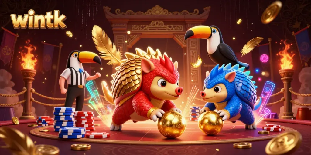 Witness the thrilling competition of wintk's vibrant pangolin characters amidst a dynamic gambling atmosphere.