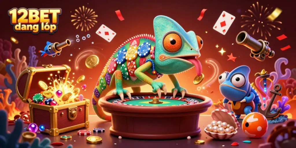 Experience the thrill of 12BET đăng nhập with vibrant casino-themed illustration featuring a chameleon owner.